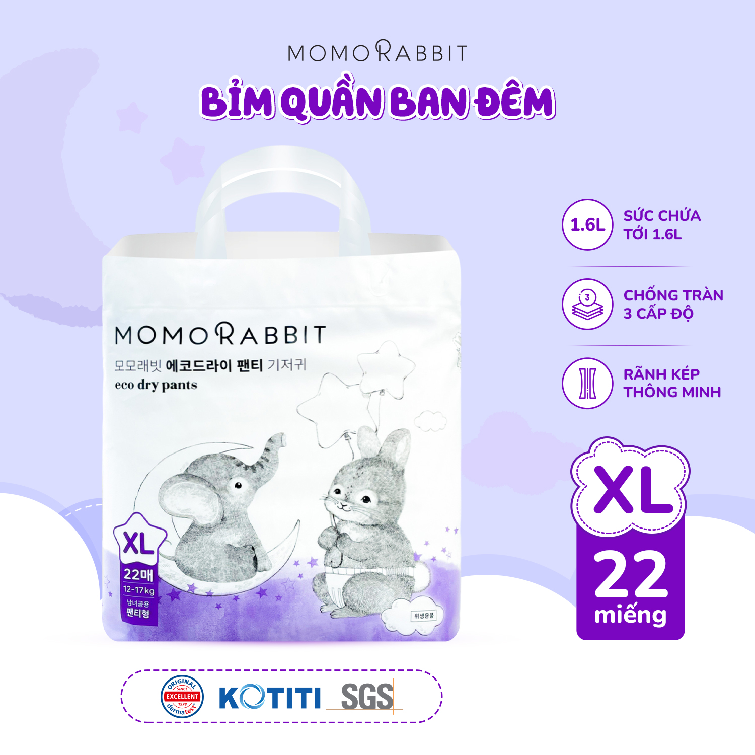Bỉm quần ban đêm Momo Rabbit - XL22 - 12 - 17kg
