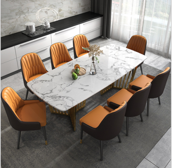 Bộ bàn ăn 6 ghế mặt đá chân inox mạ vàng cao cấp - BA 40