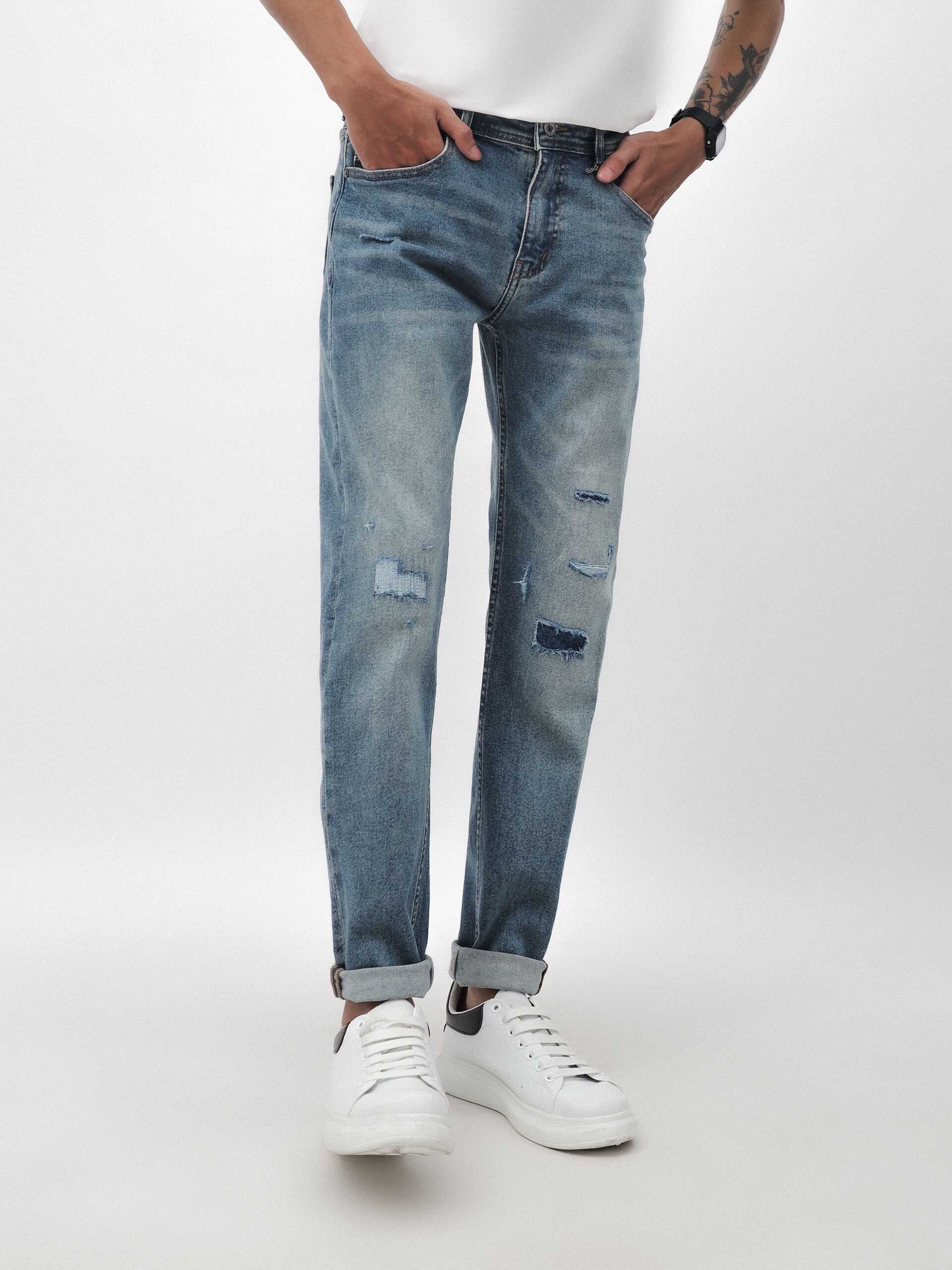 QUẦN JEANS XANH WASH ÉP VÁ ZICZAC