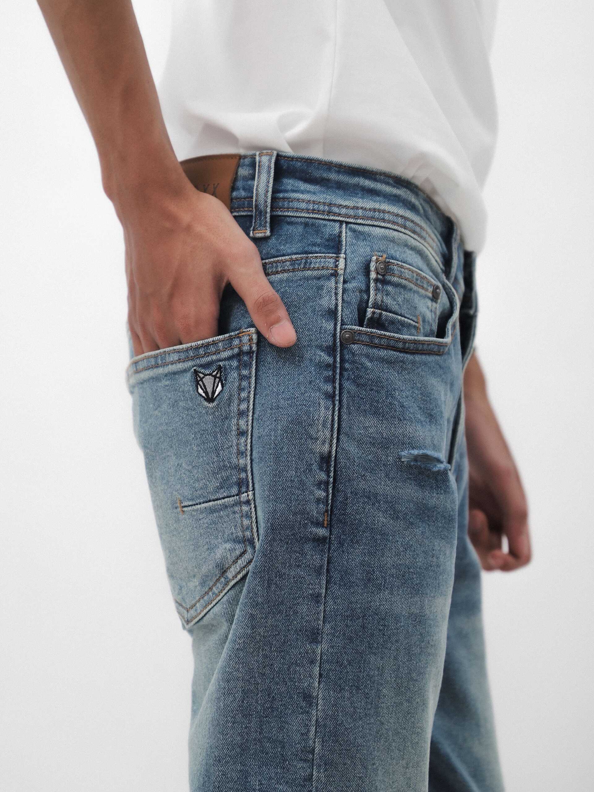 QUẦN JEANS XANH WASH ÉP VÁ ZICZAC