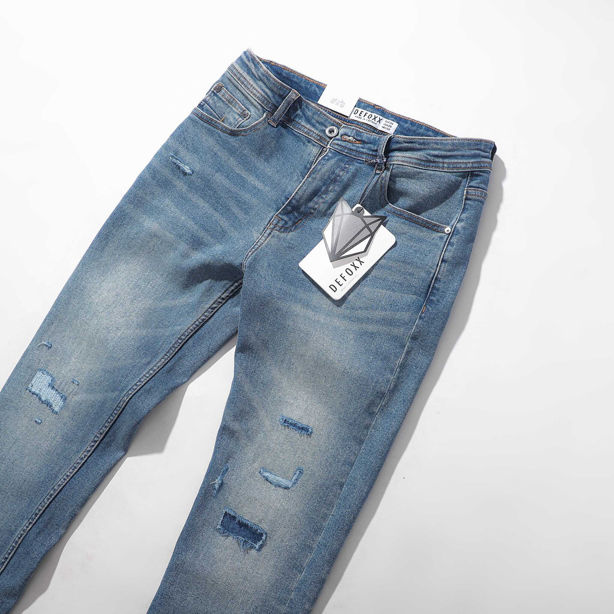 QUẦN JEANS XANH WASH ÉP VÁ ZICZAC