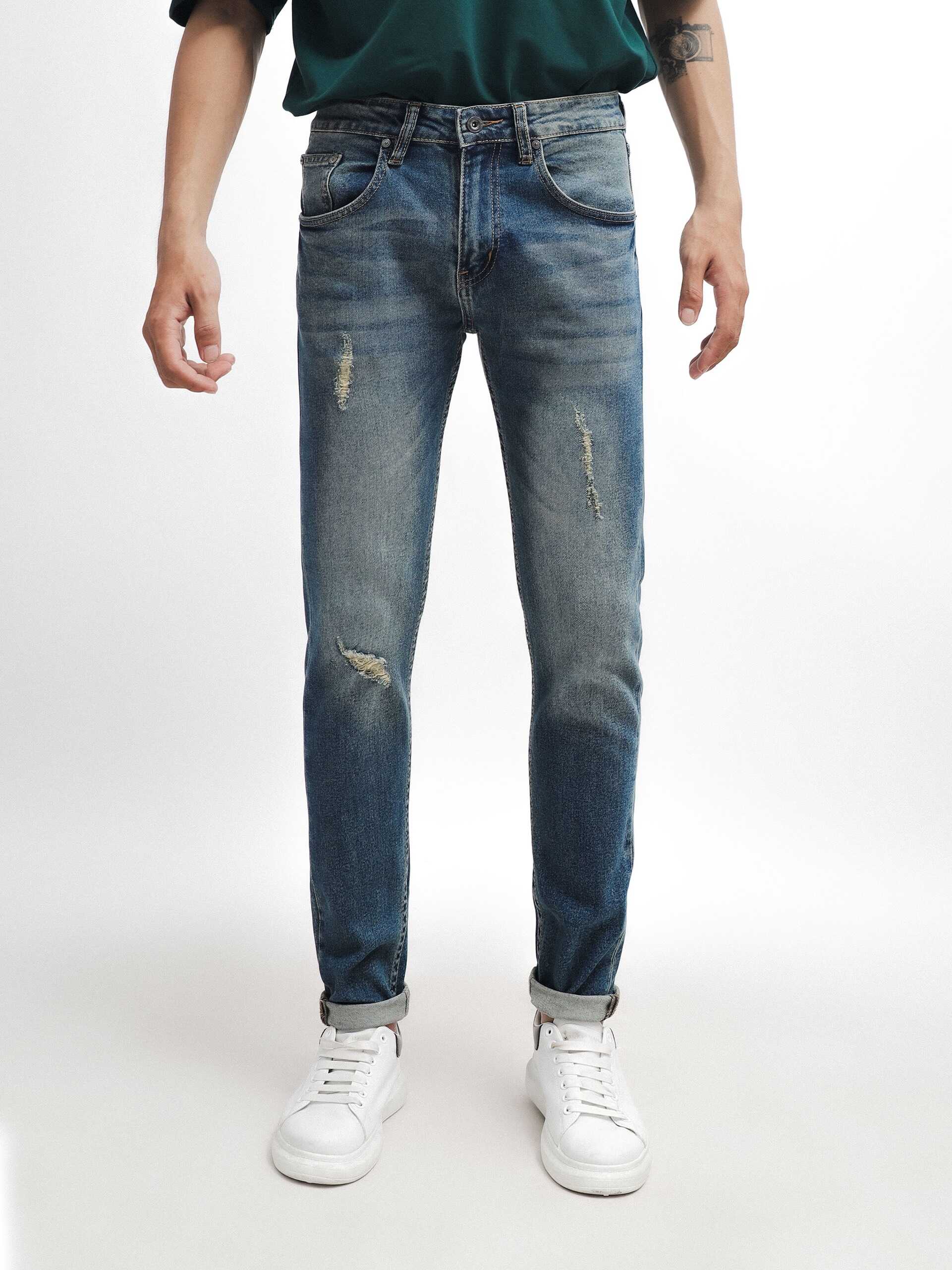 QUẦN JEANS DEFOXX XANH DƠ WASH RÁCH