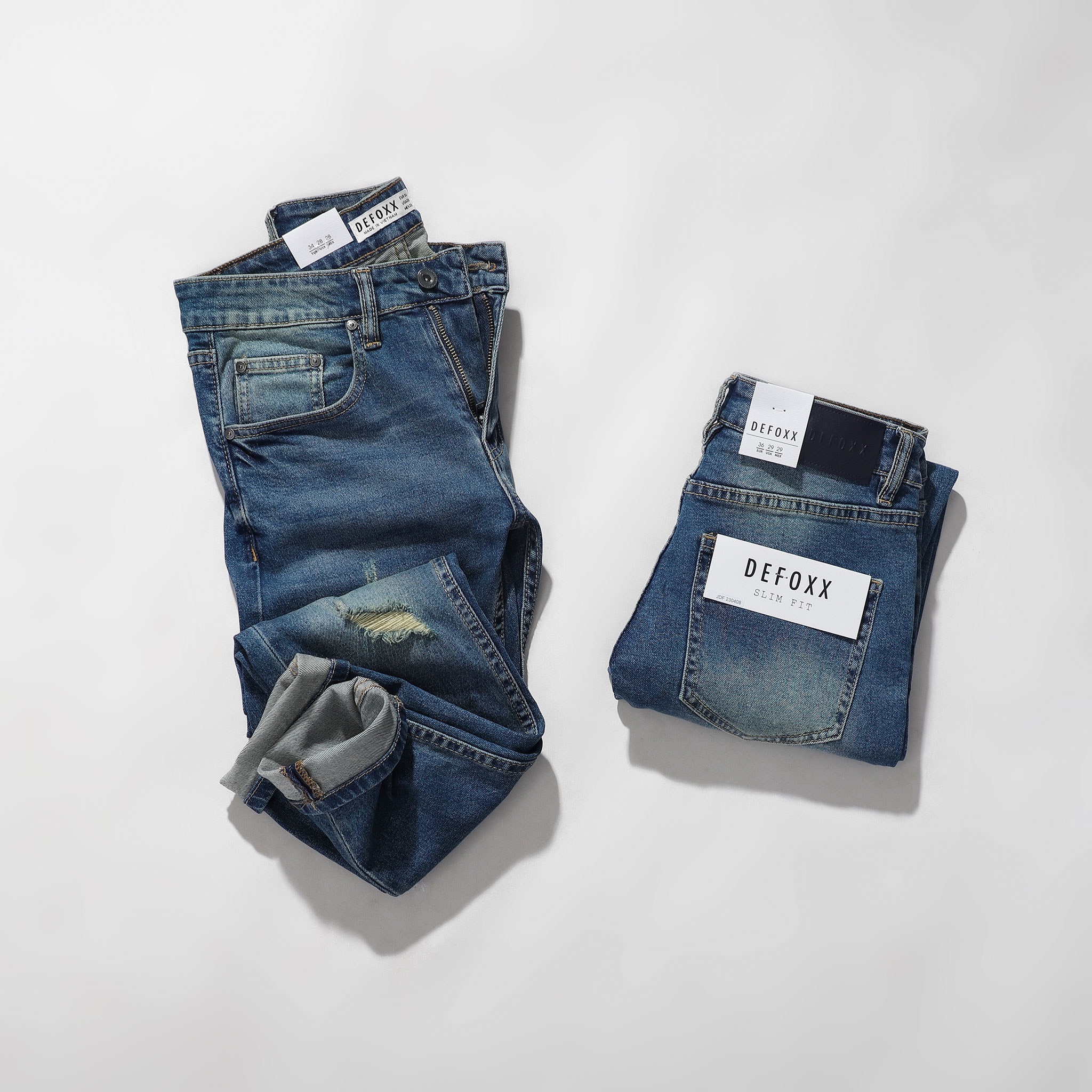 QUẦN JEANS DEFOXX XANH DƠ WASH RÁCH