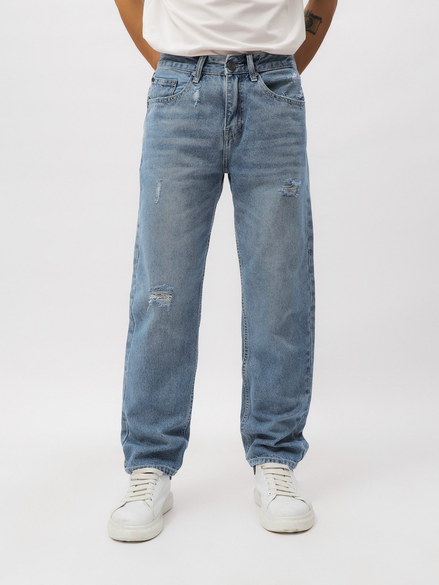 QUẦN JEANS LEMBOX RELAXED-FIT XANH WASH RÁCH