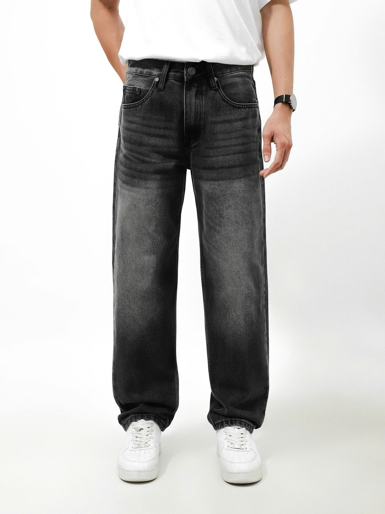QUẦN JEANS LEMBOX RELAXED-FIT XÁM ĐEN WASH