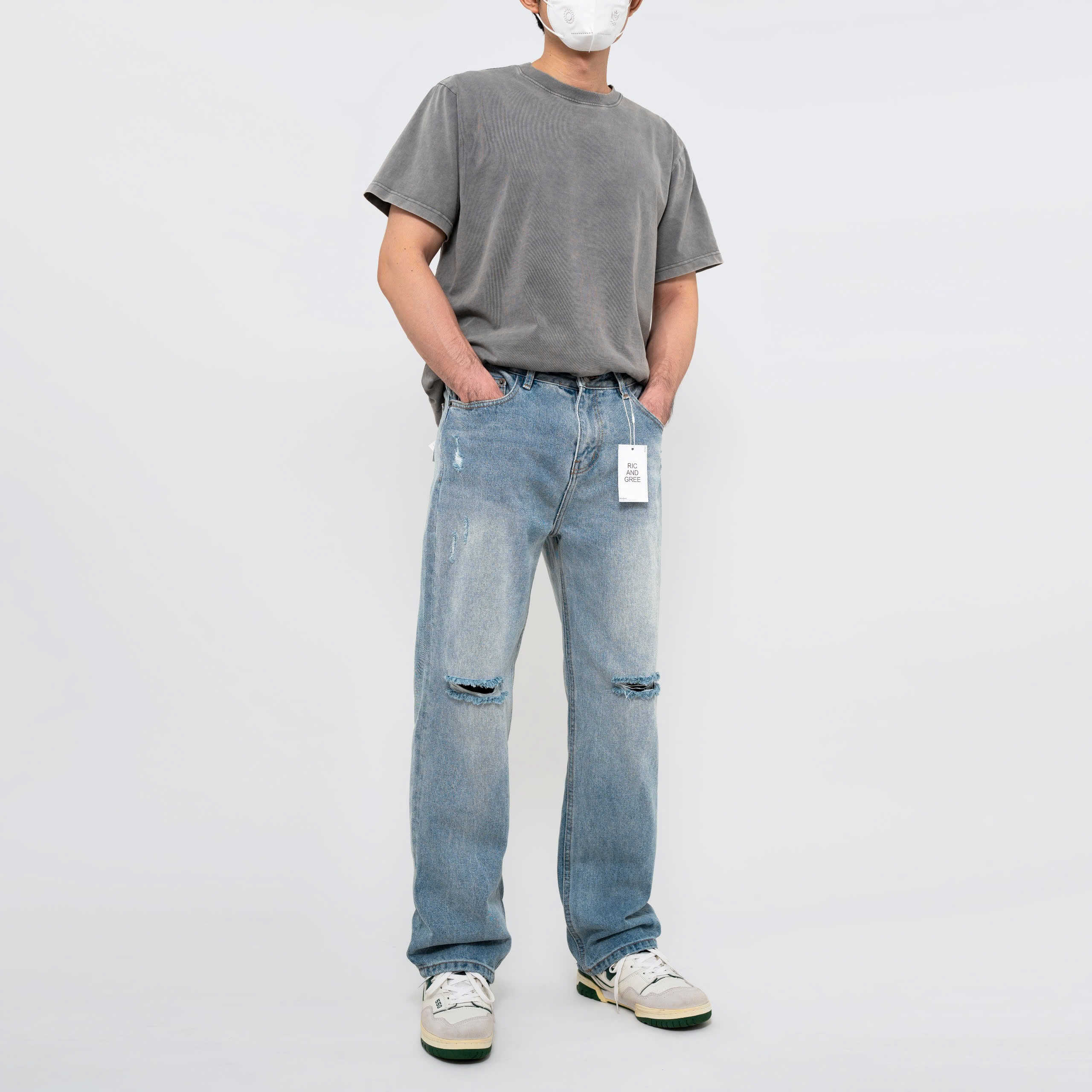 QUẦN JEANS R&G XANH RÁCH GỐI RELAX FIT