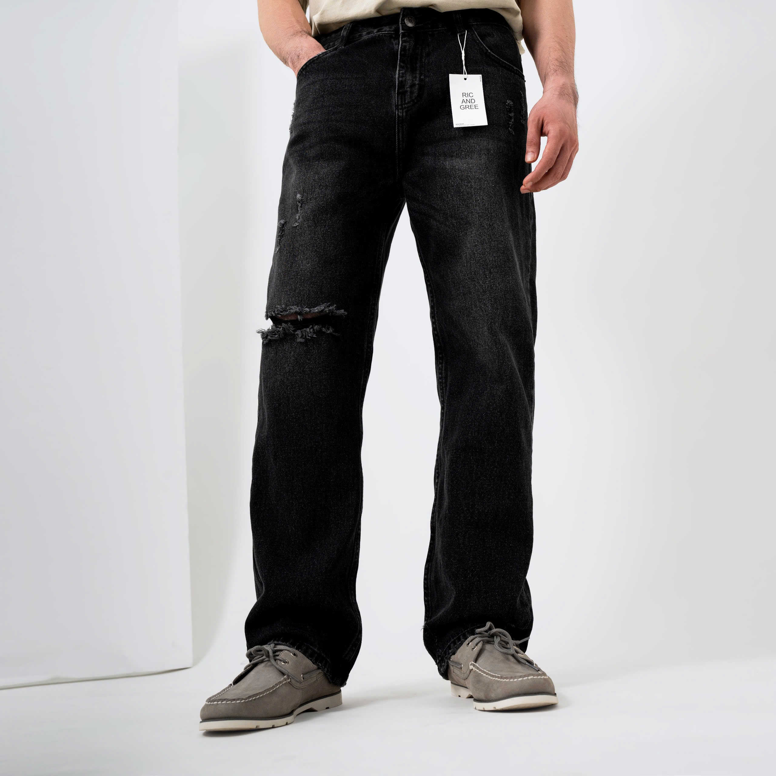 QUẦN JEANS R&G XÁM ĐEN RÁCH RELAX FIT