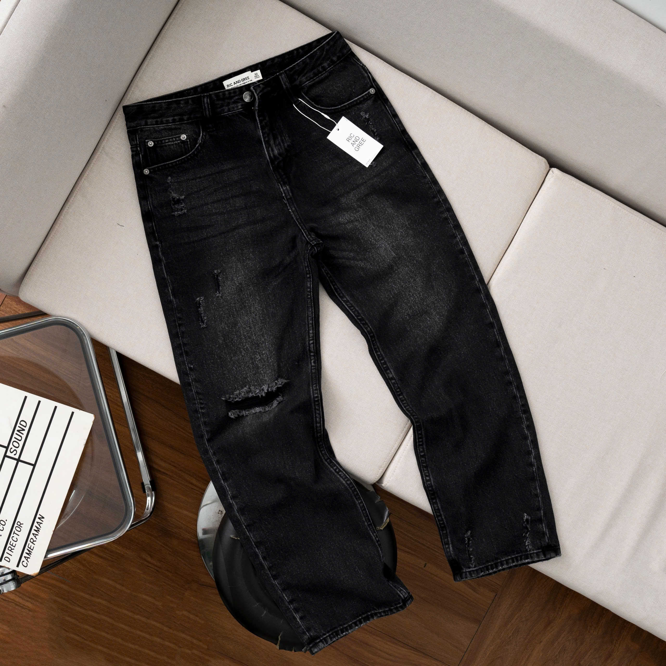 QUẦN JEANS R&G XÁM ĐEN RÁCH RELAX FIT