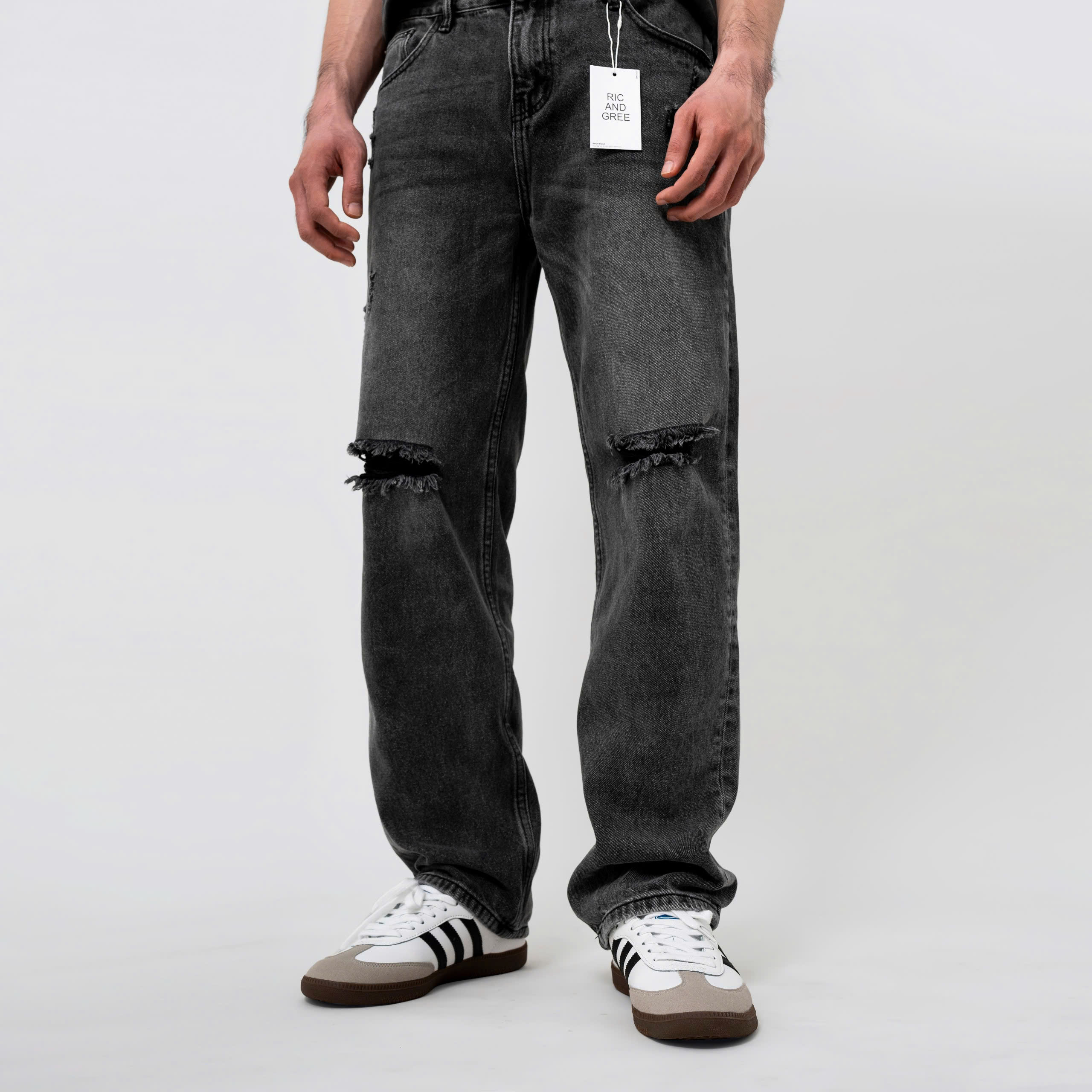 QUẦN JEANS R&G XÁM RÁCH GỐI RELAX FIT
