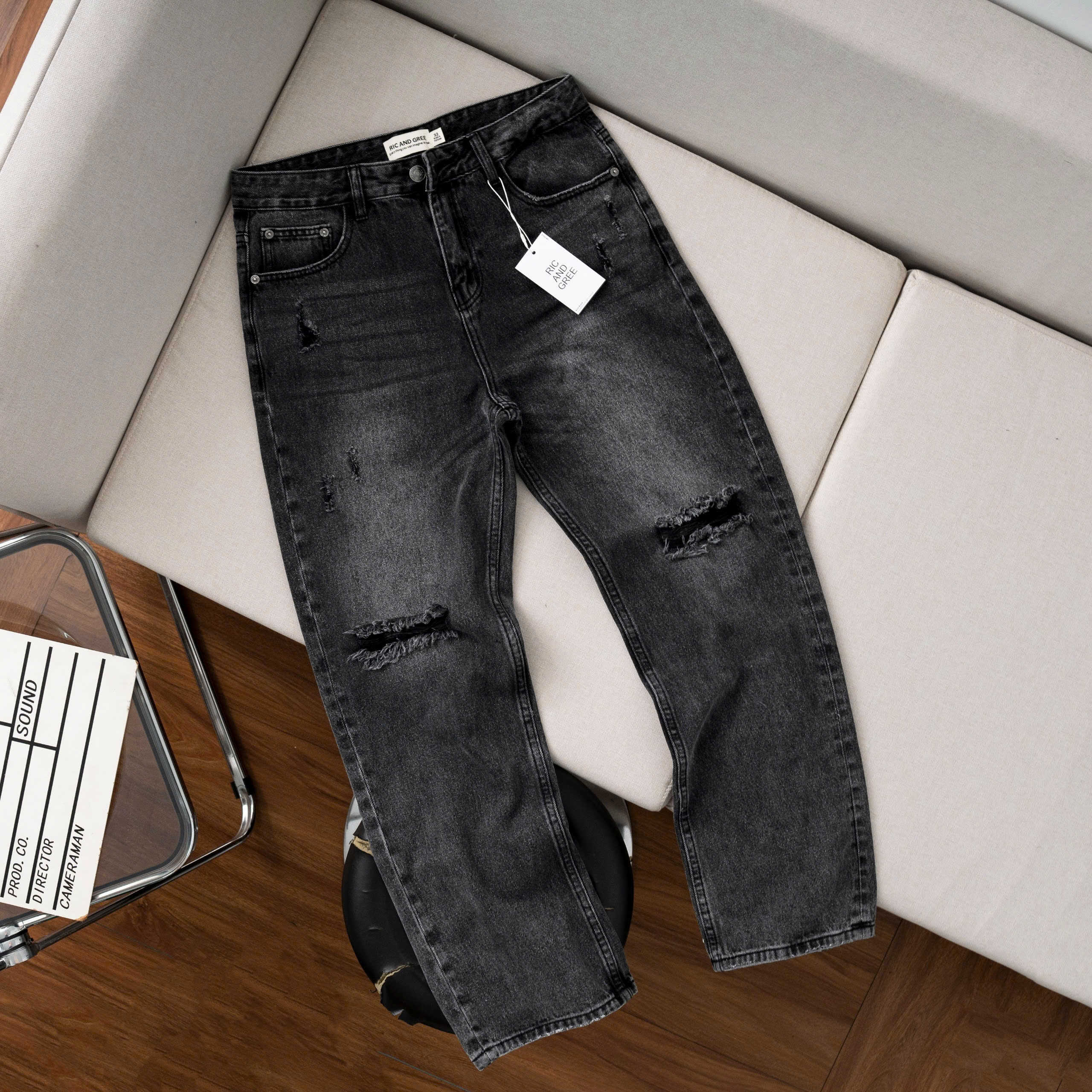 QUẦN JEANS R&G XÁM RÁCH GỐI RELAX FIT