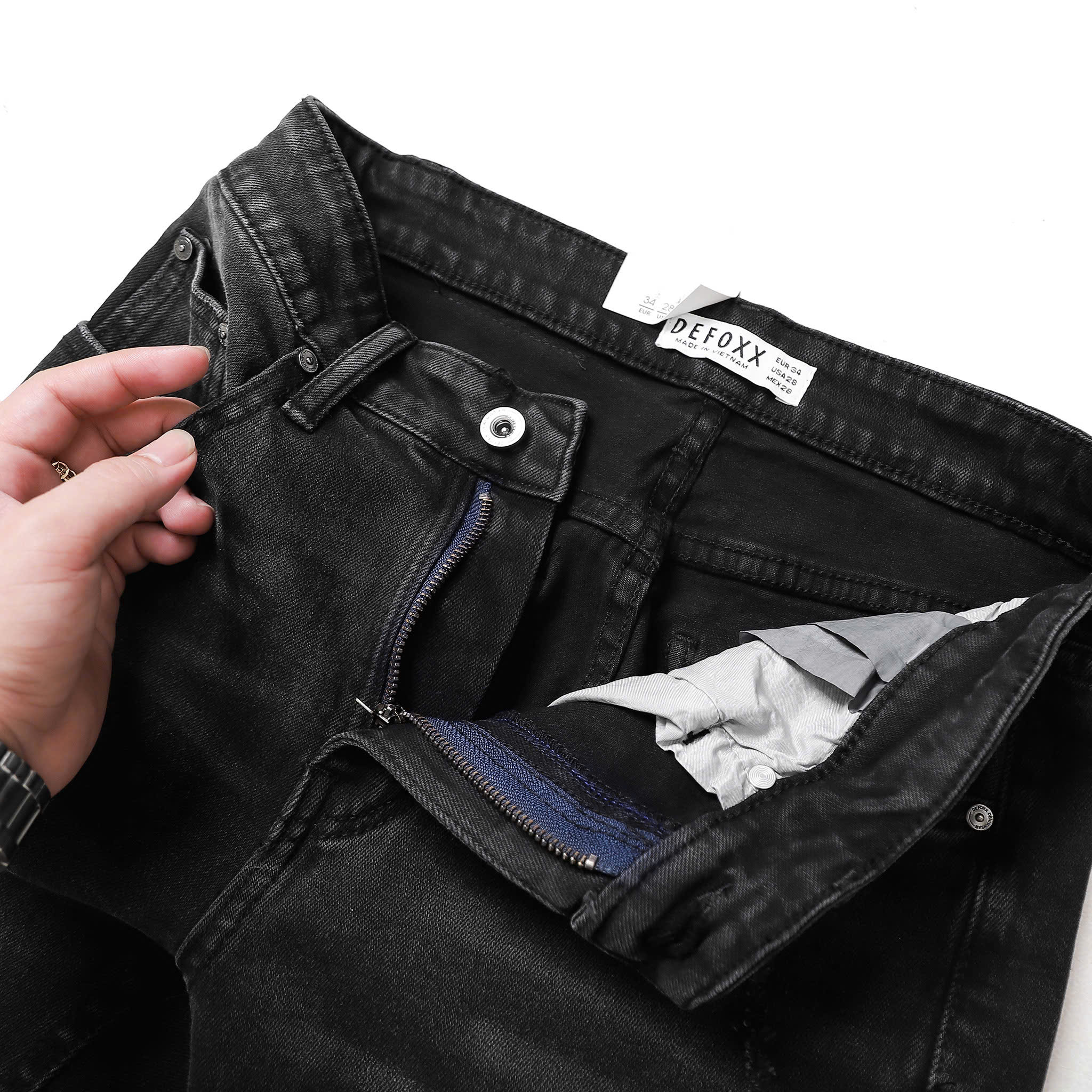 QUẦN JEANS DEFOXX XÁM ĐEN WASH RÁCH