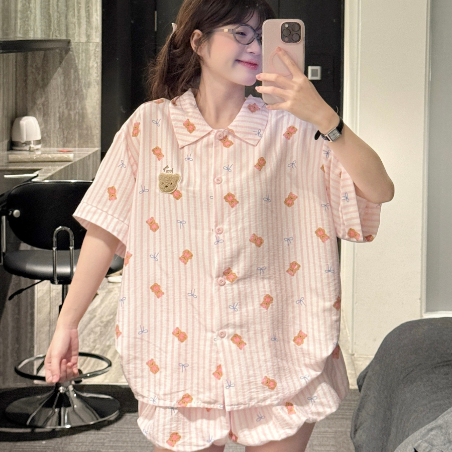 SET BỘ NGẮN FORM QUẦN BÍ HOẠ TIẾT SỌC NƠ GẤU CHẤT ĐŨI SỌC HÀN MỊN 100% COTTON FORM RỘNG - LOEN - 8226