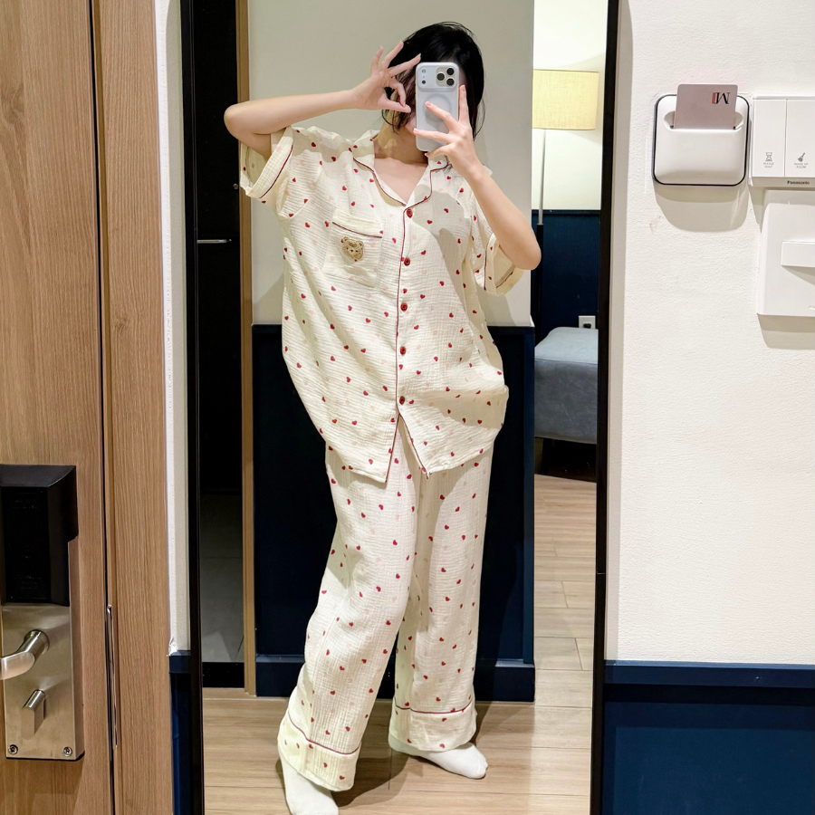 [Jemcloset] SET HELY - SET BỘ ĐỒ NGỦ QUẦN DÀI ÁO TAY NGẮN CHẤT VẢI XÔ MUSLIN THOÁNG MÁT - HELY - 8242