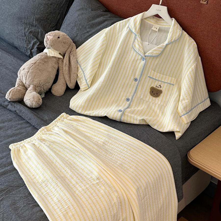 [Jemcloset] Set YOZI - Set đồ bộ, bộ đồ ngủ form rộng quần dài áo tay ngắn chất vãi đũi sọc hàn - YOZI - 8245