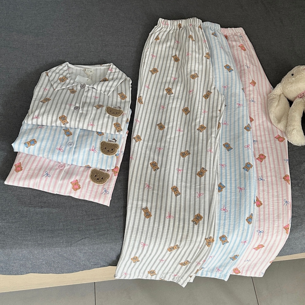 SET BỘ QUẦN DÀI + ÁO TAY NGẮN HOẠ TIẾT SỌC NƠ GẤU CHẤT ĐŨI SỌC HÀN MỊN 100% COTTON FORM RỘNG - DAEN - 8229 - JEMCLOSET