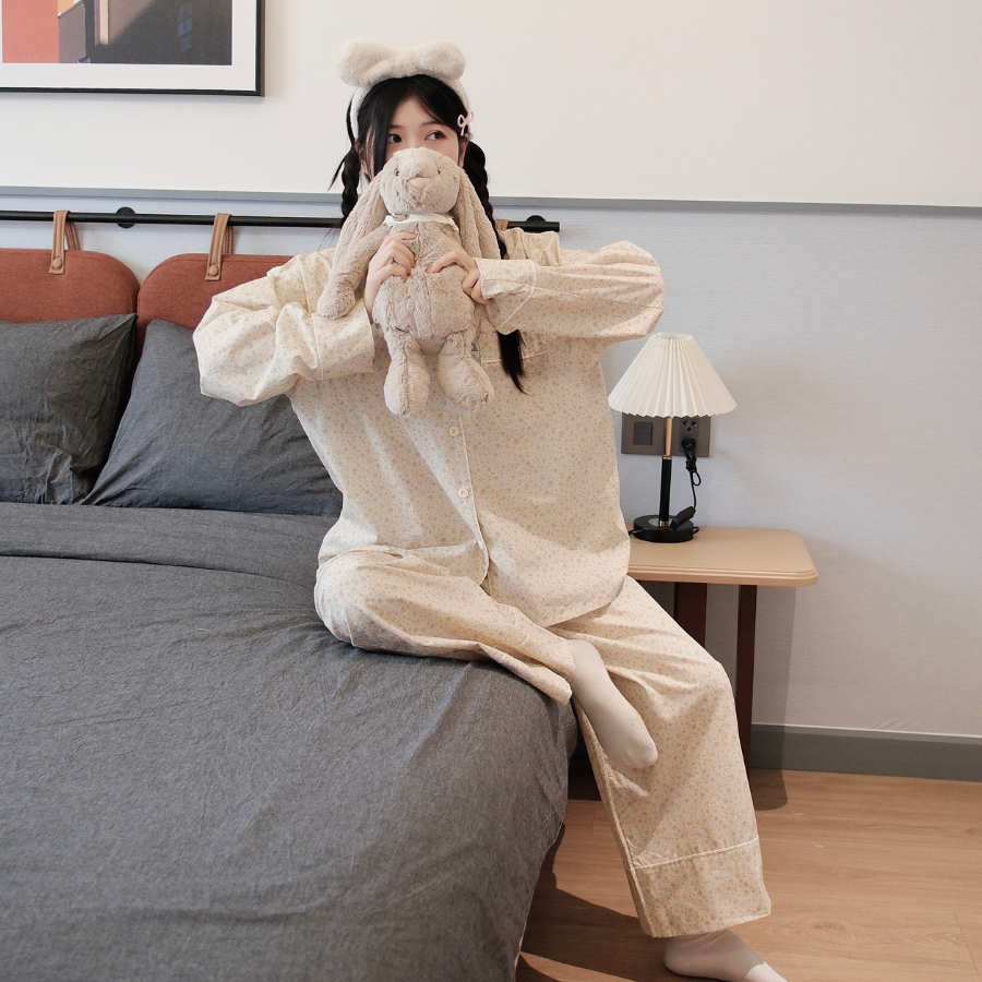 [Jemcloset] Set MYNA - Set đồ bộ 100% cotton, bộ đồ ngủ form rộng quần dài áo tay dài - MYNA - 8247