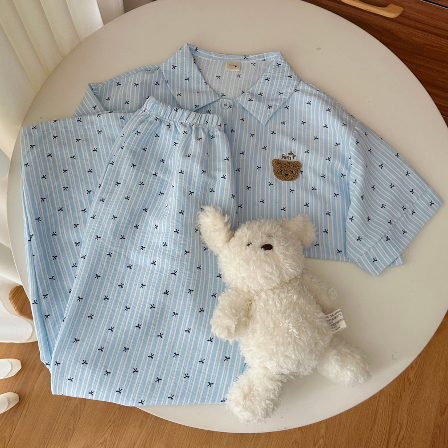 SET BỘ ĐỒ QUẦN DÀI + ÁO TAY NGẮN JEMCLOSET SỌC HOẠ TIẾT NƠ FORM RỘNG CHẤT ĐŨI HÀN -  KOMI - 8206