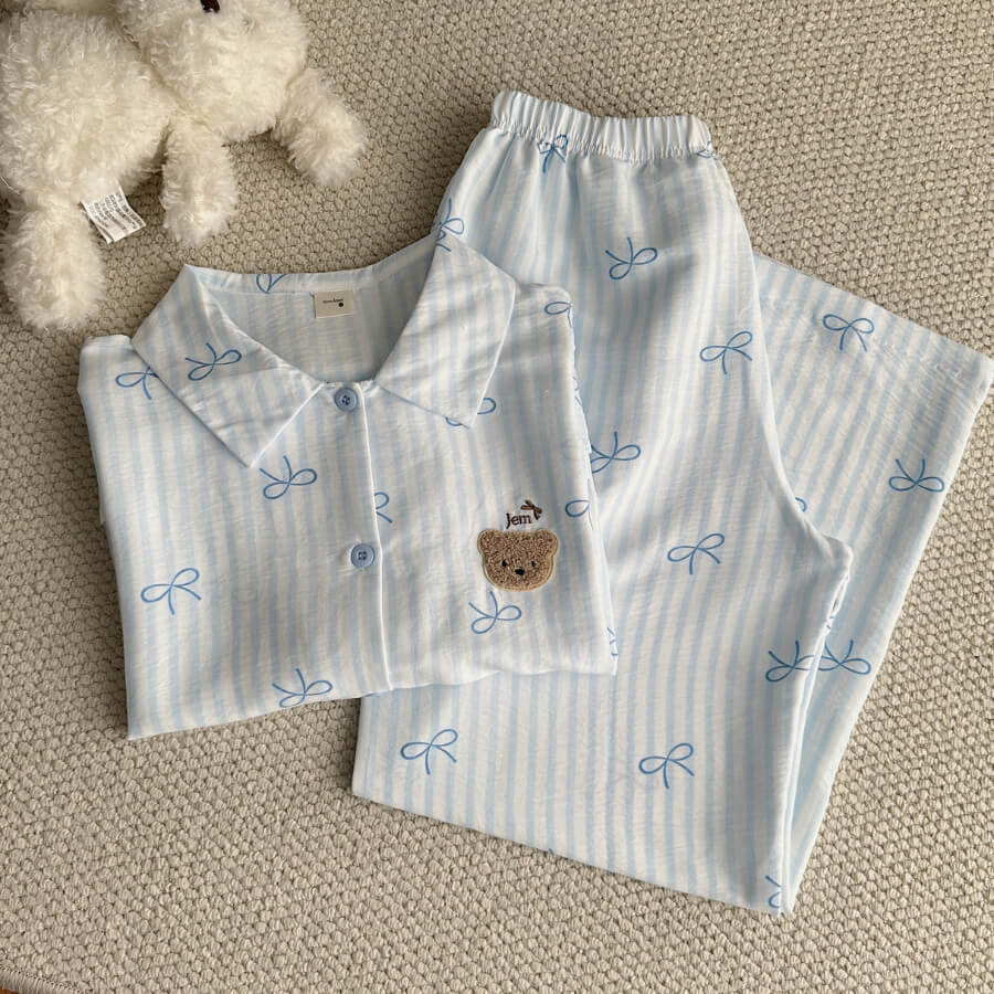 SET BỘ ĐỒ QUẦN DÀI ÁO TAY NGẮN TIẾT SỌC NƠ FORM RỘNG CHẤT ĐŨI - LINE - 8215 - JEMCLOSET