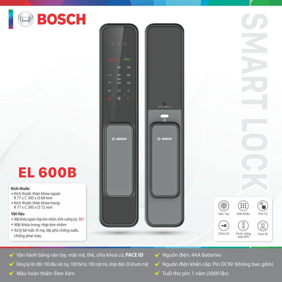 Khóa Cửa Vân Tay BOSCH EL600B EU GRAY|Chính Hãng Tại Bosch Luxuxy | Bosch  Luxury