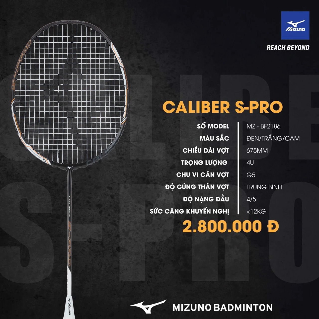 Vợt cầu lông Mizuno Caliber S-Pro mã MZ-BF2186 Đen trắng cam