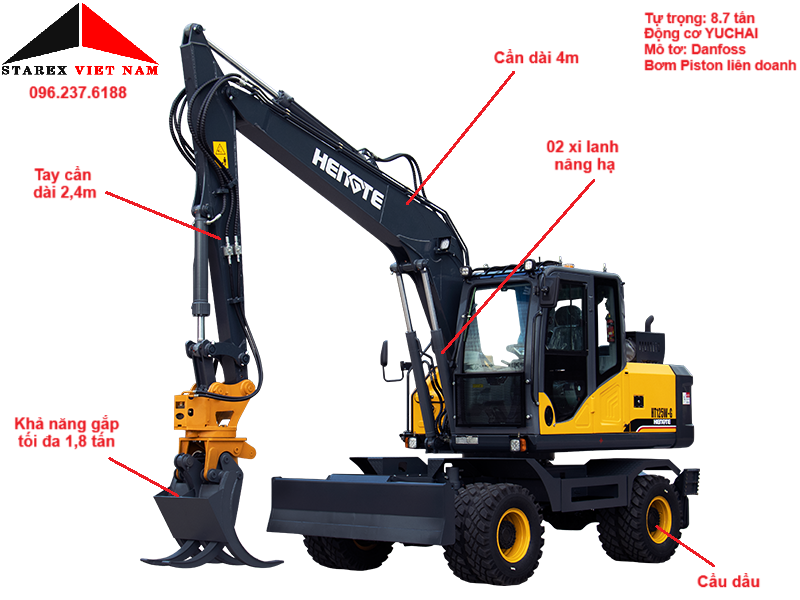 Máy xúc đào 04 bánh lốp Hengte HT120W