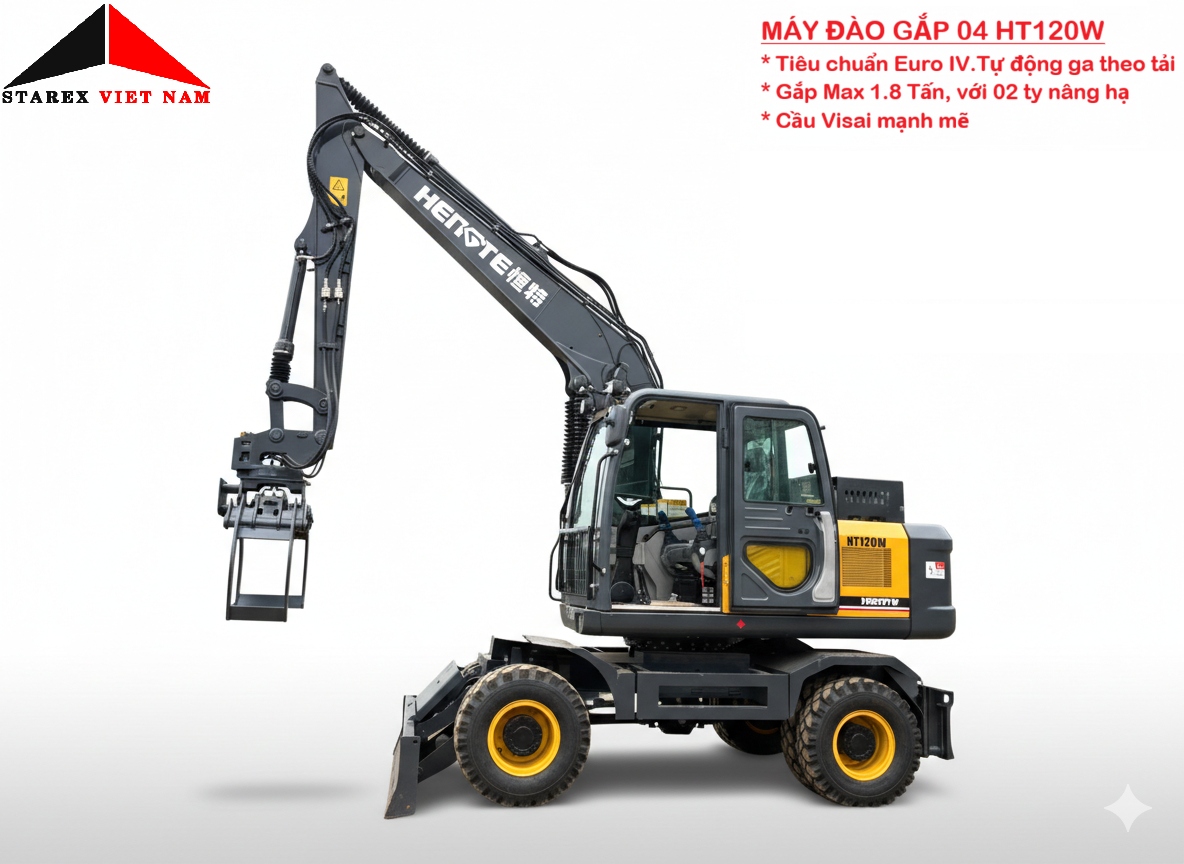 Máy xúc đào 04 bánh lốp Hengte HT120W