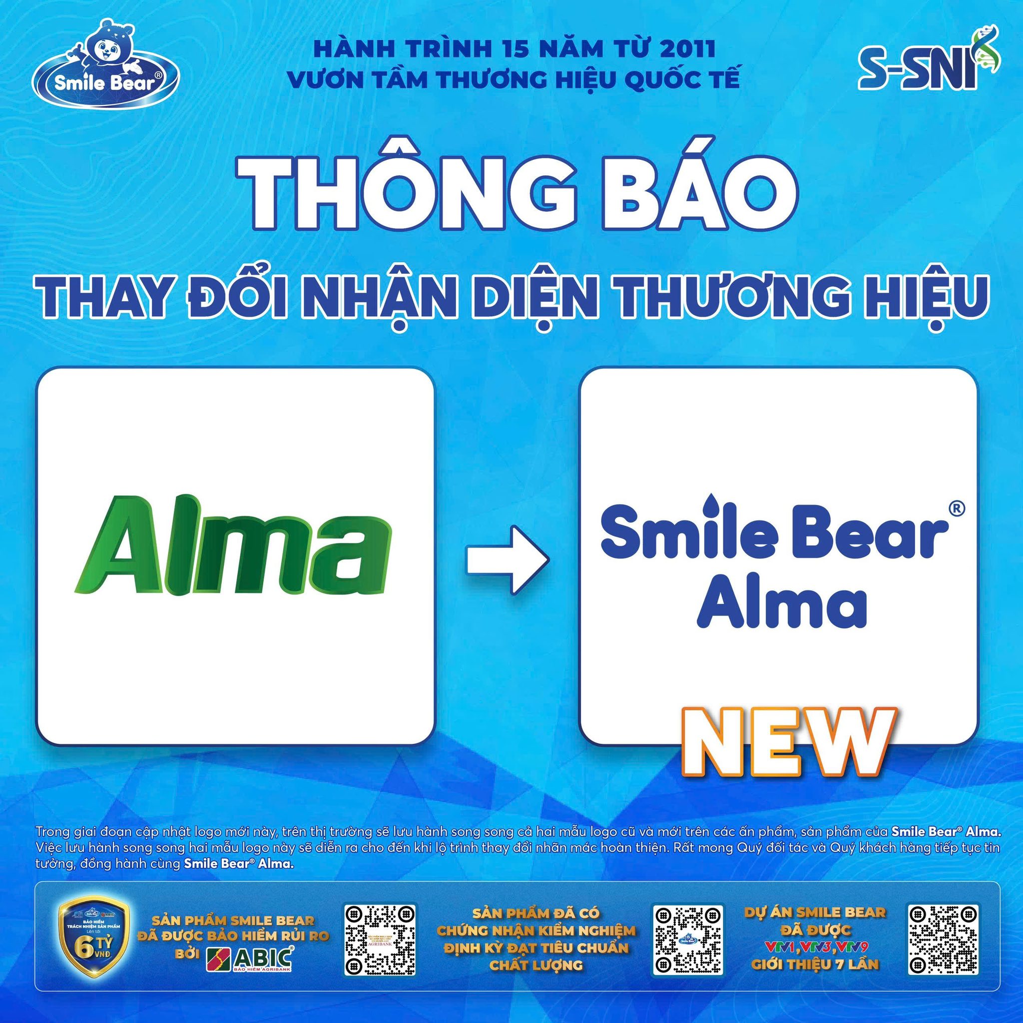 Thông báo thay đổi nhận diện thương hiệu sản phẩm Alma thành SMILE BEAR ALMA
