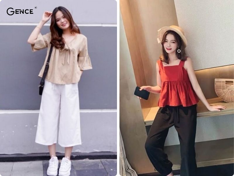 Phối áo babydoll với quần ống rộng