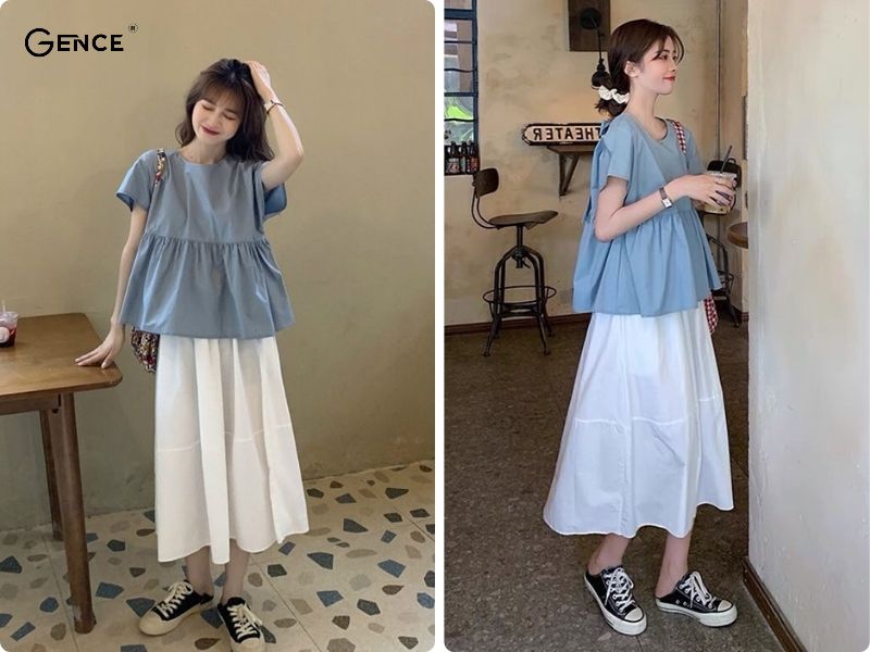 Phối chân váy dài với áo babydoll