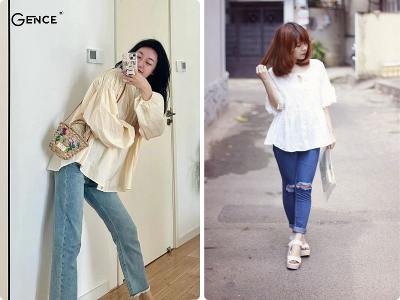 Phối quần jean cùng áo babydoll