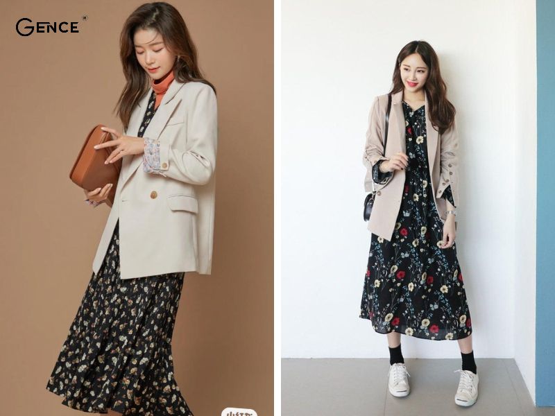 Áo blazer nữ với váy họa tiết