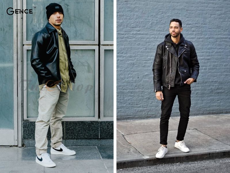 Áo da mix cùng giày trắng nam