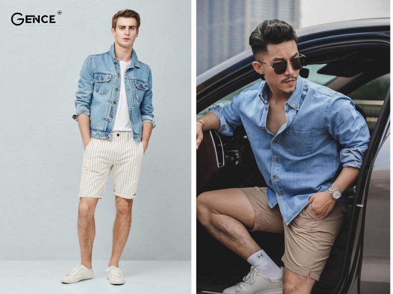 Áo denim mix cùng quần short nam