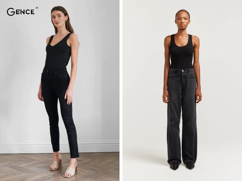 Áo hai dây ôm kết hợp với quần jean đen nữ