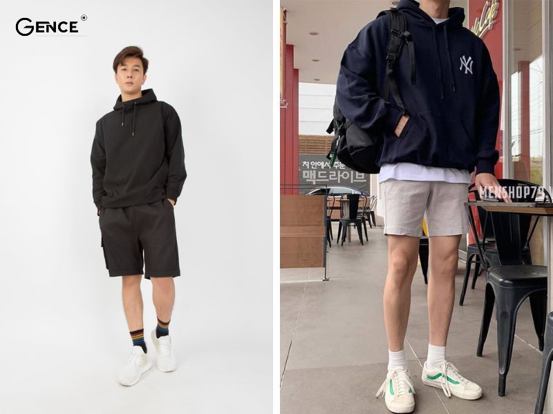 Áo hoodie mix cùng quần short nam