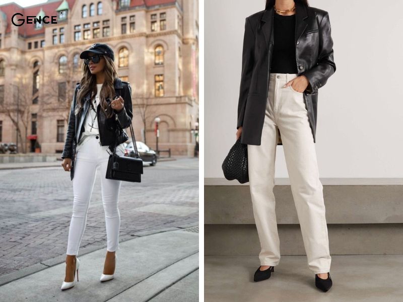 Áo khoác da kết hợp với quần jean trắng nữ