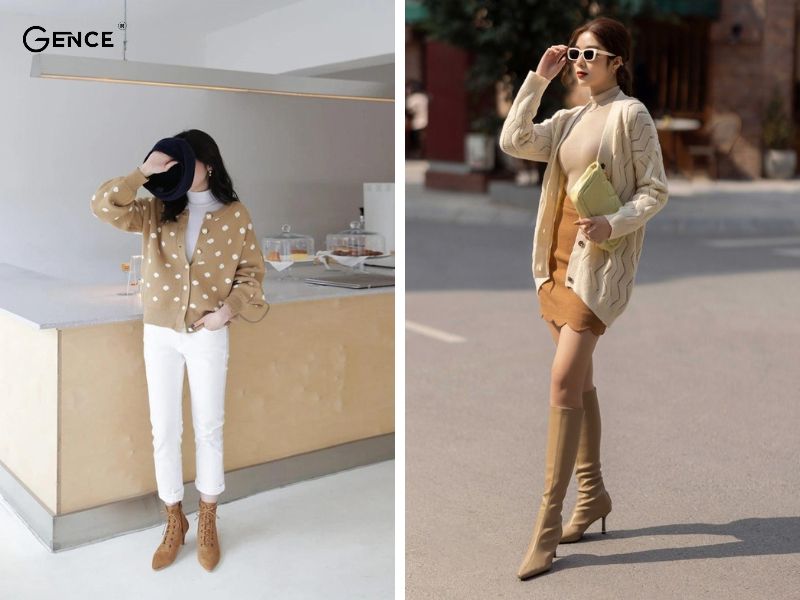 Áo len, boots kết hợp với cardigan nữ