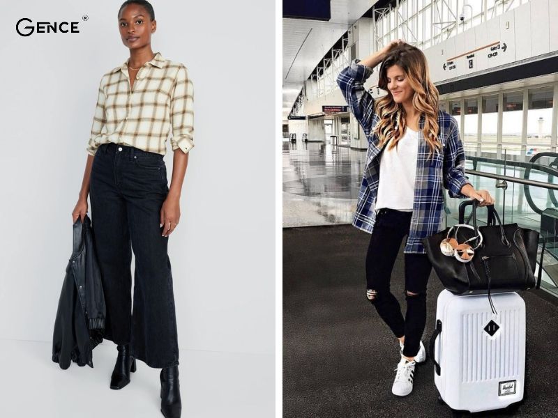 Áo sơ mi sọc caro kết hợp với quần jean nữ đen