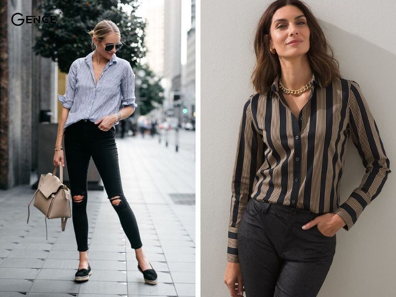 Áo sơ mi sọc mix với quần jean đen nữ
