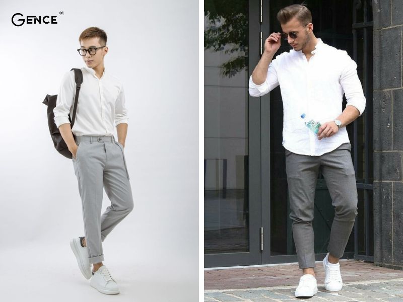 Áo sơ mi trắng mix cùng giày trắng nam