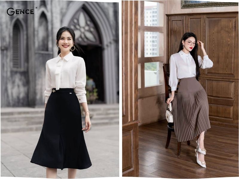 Áo sơ mi trắng nữ phối cùng chân váy