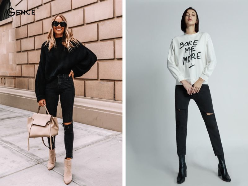 Áo sweater kết hợp với quần jean đen