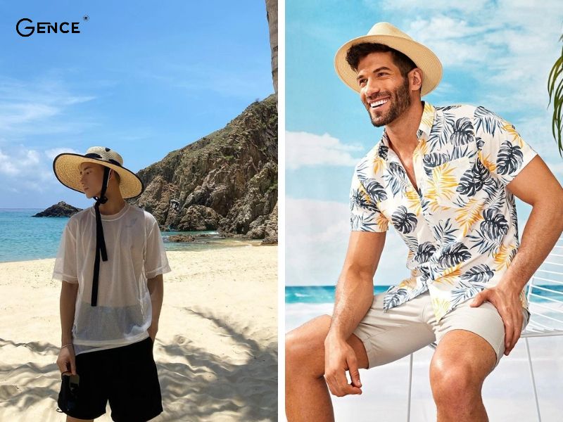 Áo thun oversize, quần short, mũ cói hợp thời trang