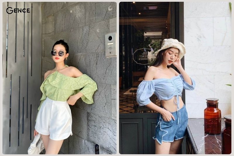 Áo trễ vai khoe trọn xương quai xanh phối cùng quần short nữ