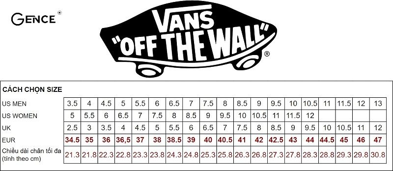 Bảng cỡ giày nữ của Vans