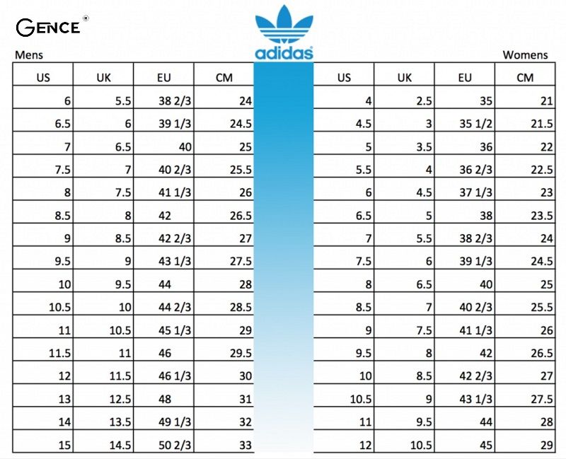 Bảng size giày cho nam của thương hiệu Adidas