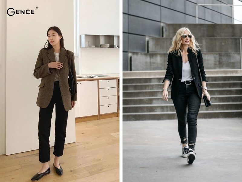 Blazer kết hợp với quần jean đen nữ thanh lịch
