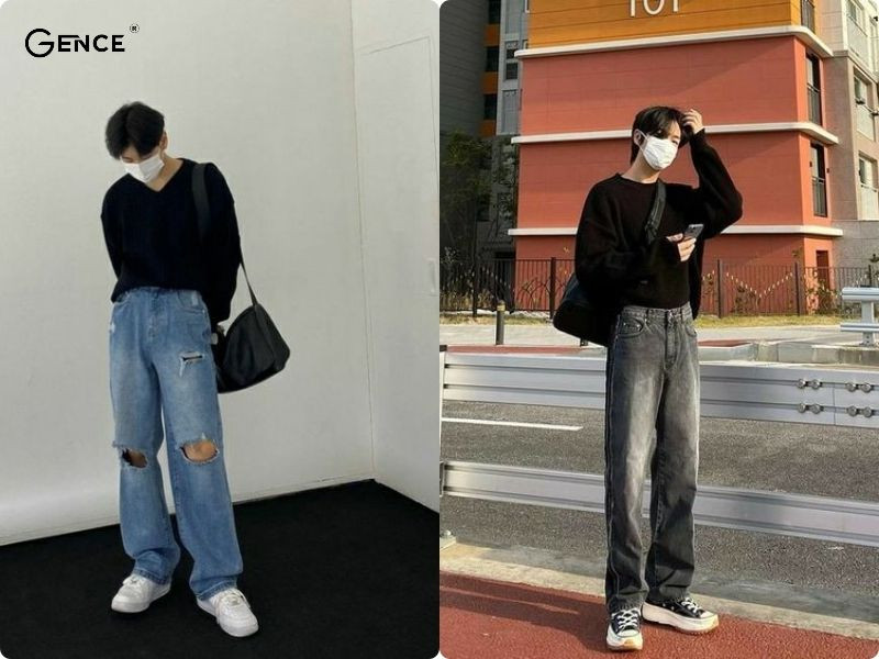 Áo thun dài tay phối quần jean, giày sneaker và cặp da nam