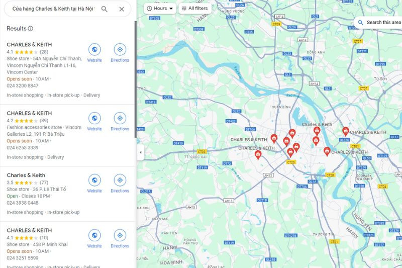 Các cửa hàng Charles & Keith tại Hà Nội nằm ở vị trí thuận lợi