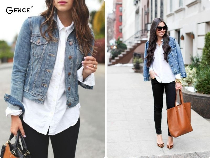 Phong cách layer với áo sơ mi trắng, quần jean và áo khoác denim